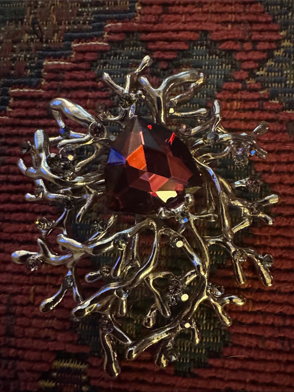 NWOT Decorative Silver Coral Brooch with Deep Red Gem